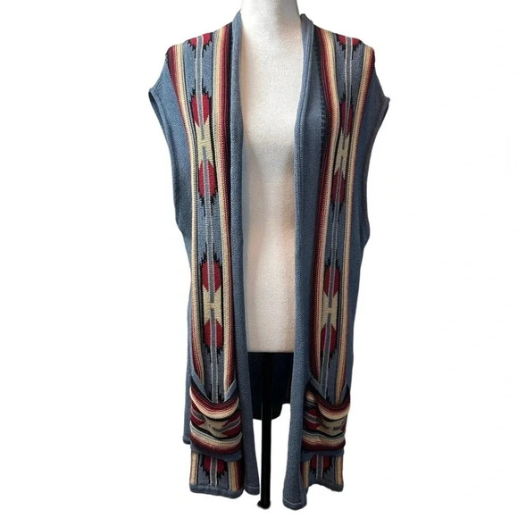Chaps Blue Sleeveless Southwestern Aztec Cardigan Sweater Vest - Picture 4 of 11